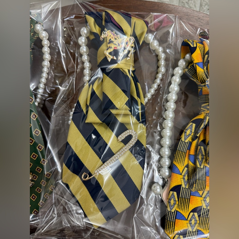 Upcycle Striped Yellow and Navy Tie necklace with Pearl Necklace